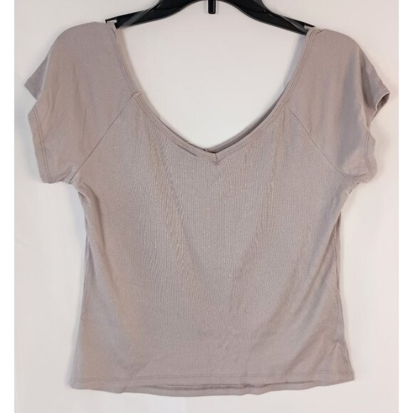 Wild Fable Cropped Ribbed Double V Neck Tee Nickel Gray Stretch Women L NWT - Picture 3 of 5